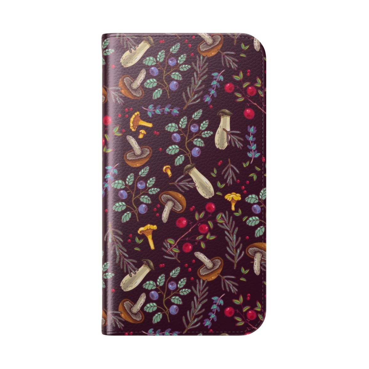 Flip cover phone case featuring a dreamy forest scene with mushrooms, moss, and botanical elements. - Folded Back