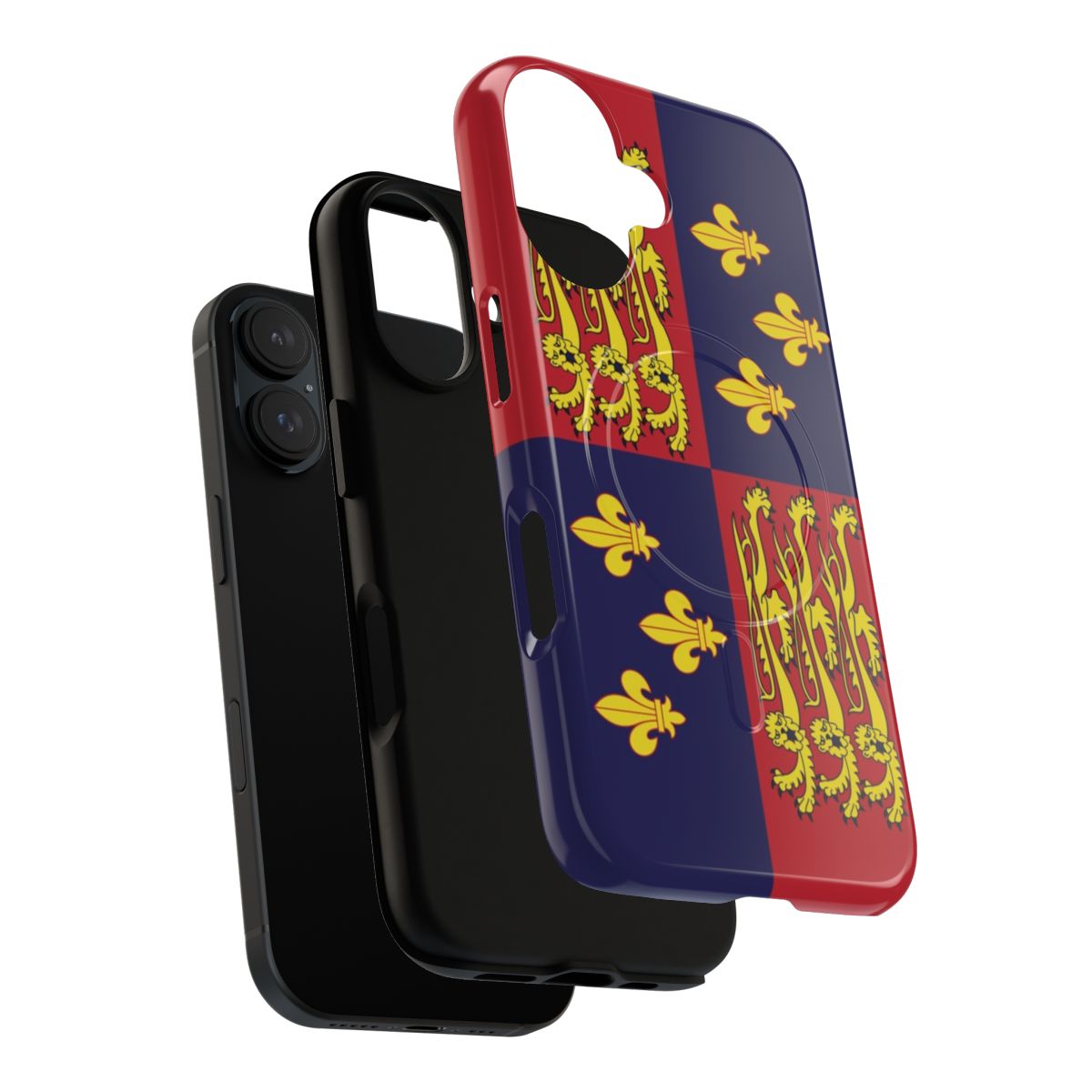 Illustration of the historic Royal Standard of England flag with a heraldic lion and fleur de lis design on a phone case. - Layers