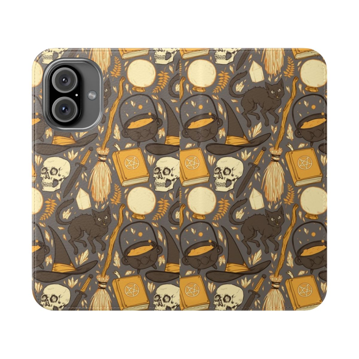 Warm grey flip cover phone case with a witchy, spooky pattern and design