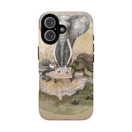 Vintage-style phone case with illustrations of an aldabra giant tortoise, andean condor, and asian elephant.