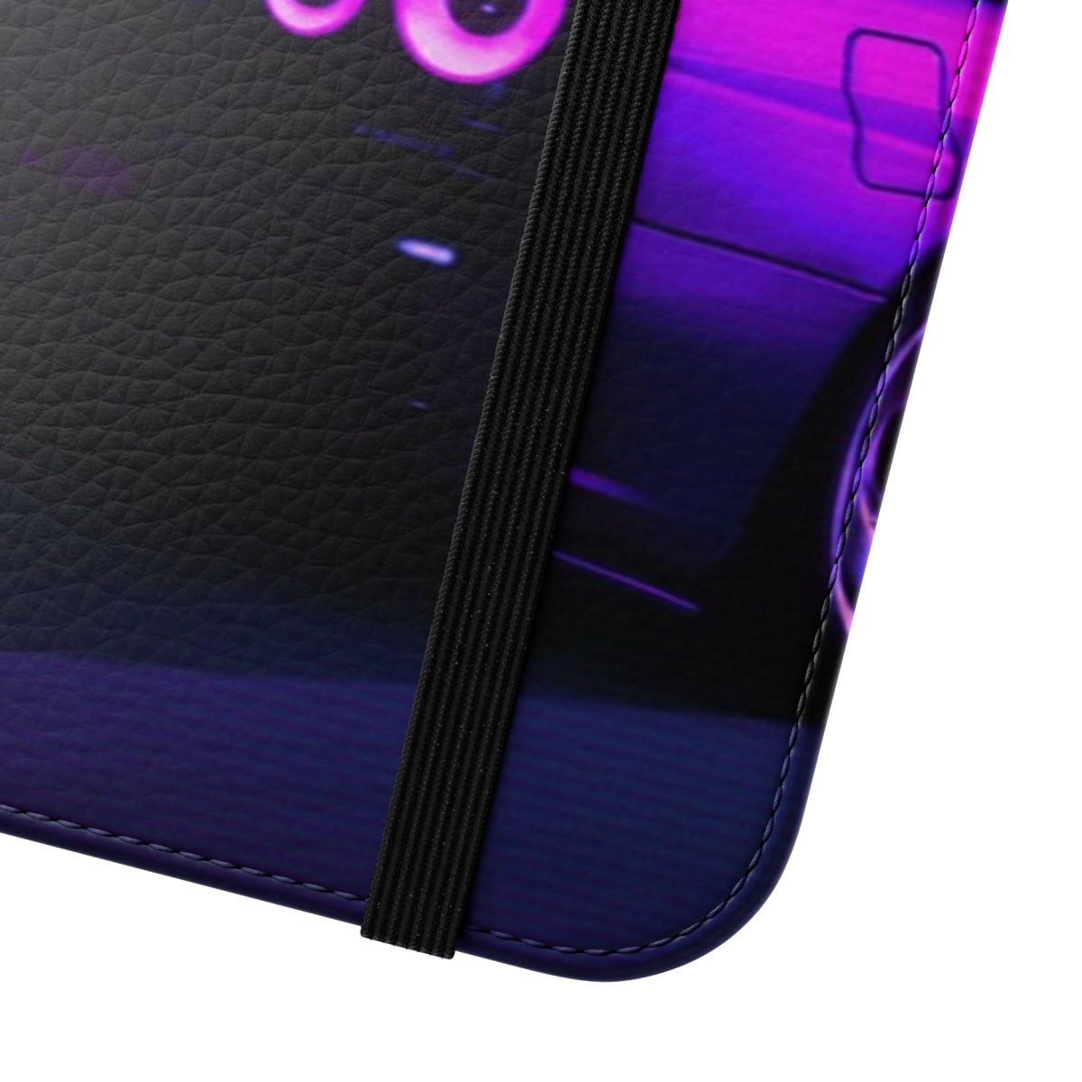 Sleek and stylish flip phone case featuring the iconic Nissan Skyline GTR R34 against a vibrant retro sunset background. - Close Up