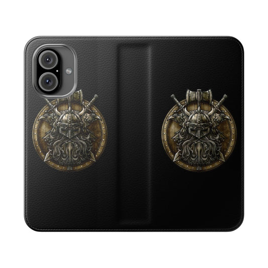 Viking shield-style flip phone case with Nordic and Norse design elements