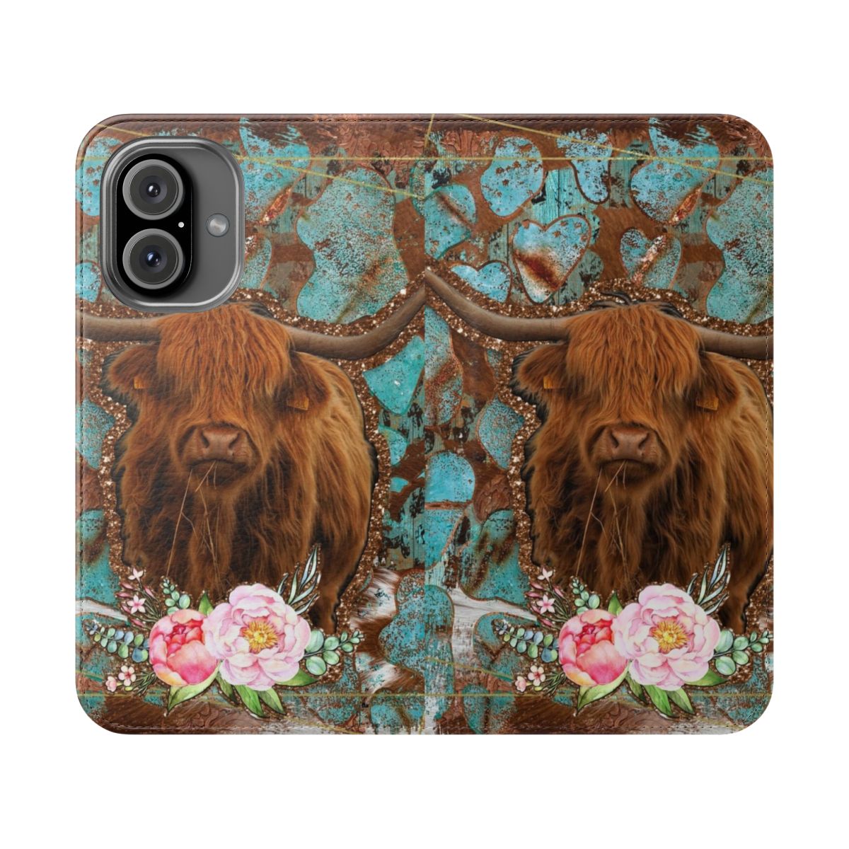 Turquoise and cowhide flip cover phone case featuring a highland cow and roses design