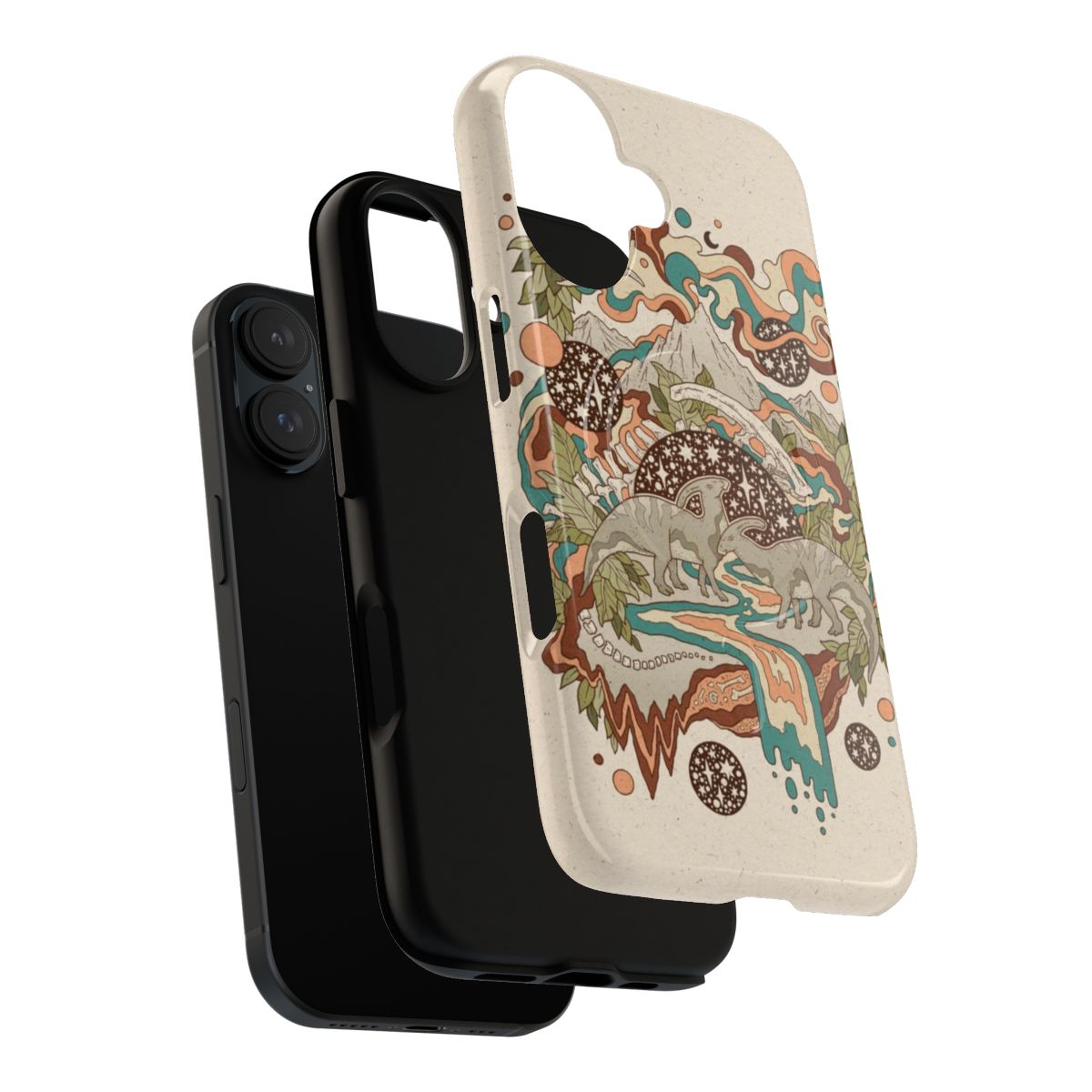 Artistic illustration of a parasaurolophus dinosaur in a vibrant, psychedelic rainbow palette, designed for a durable smartphone case. - Layers