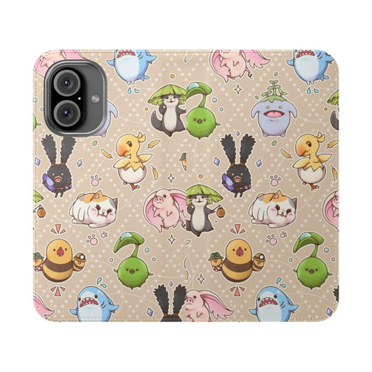 Colorful phone case with popular Final Fantasy XIV characters like Fat Cat, Spriggan, and Chocobo.