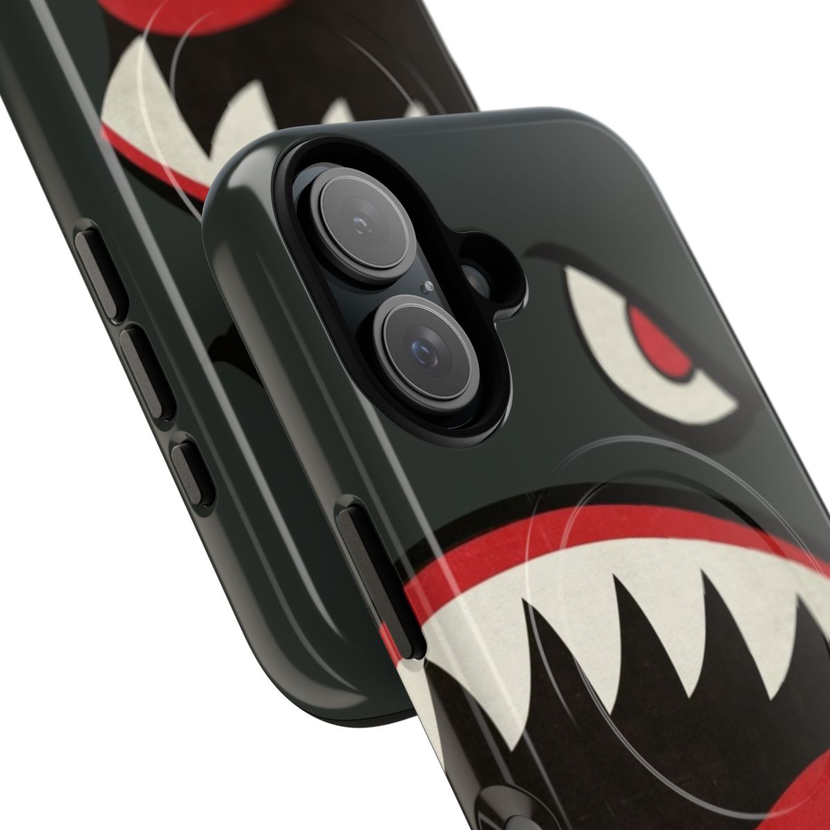 Magnetic phone case featuring vintage-inspired Flying Tigers shark nose art design - Detail