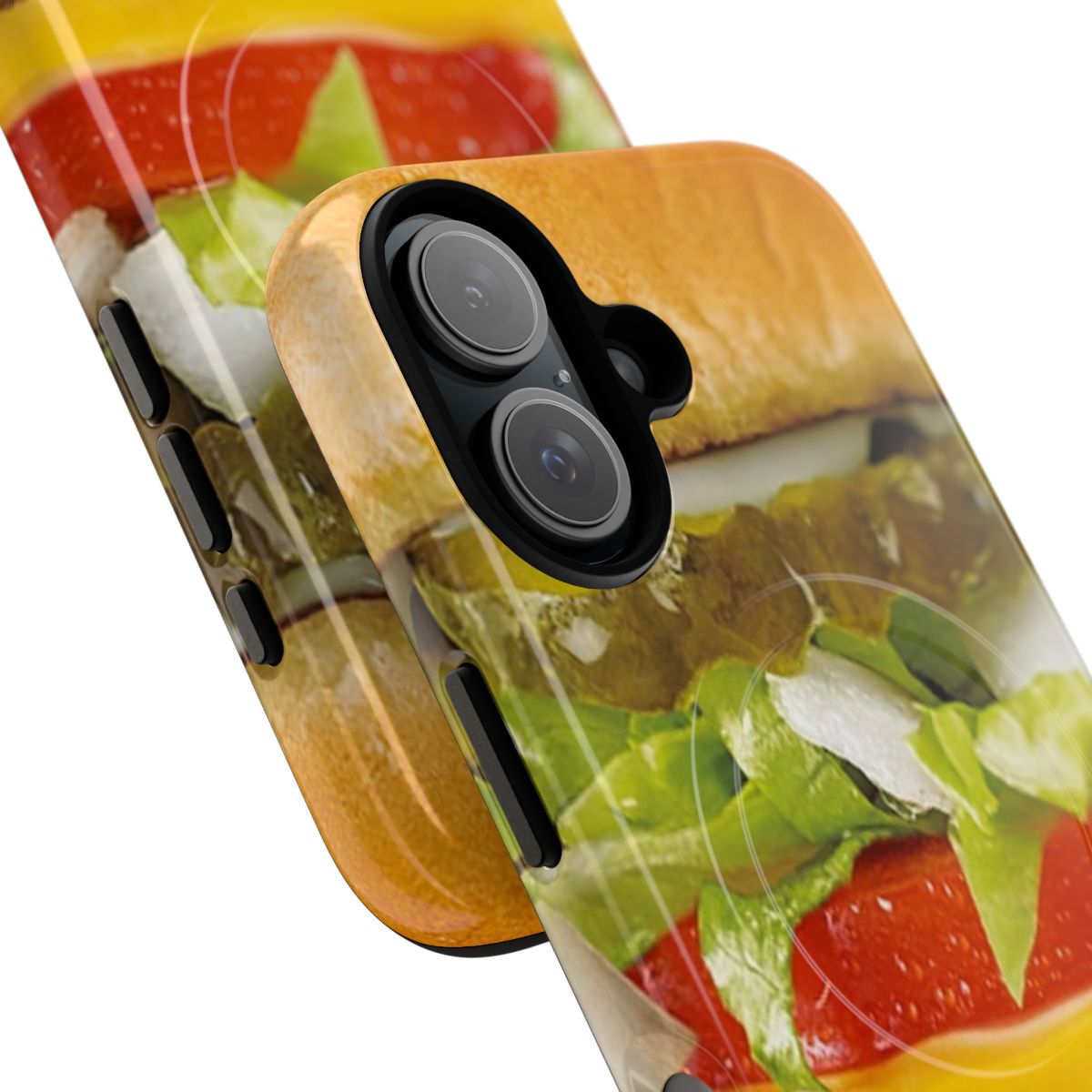 A magnetic tough phone case featuring a juicy cheeseburger design - Detail