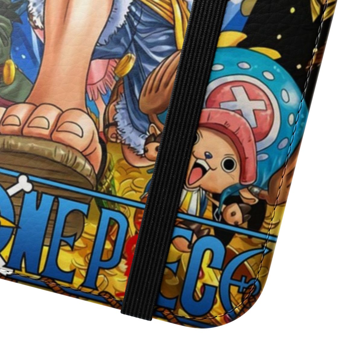 One Piece themed flip cover phone case with various characters - Close Up