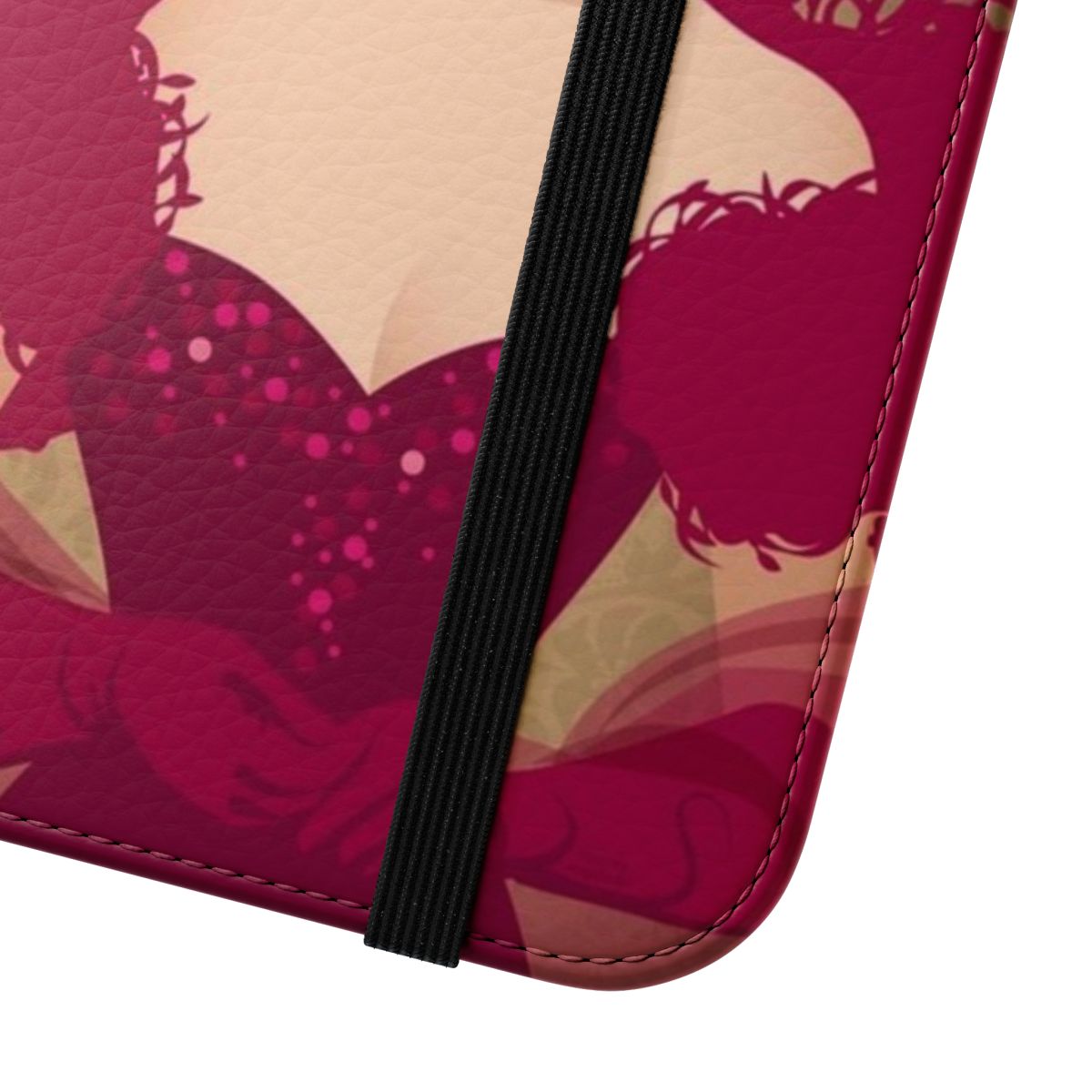 Burgundy dress-printed flip cover phone case with stylish art design - Close Up