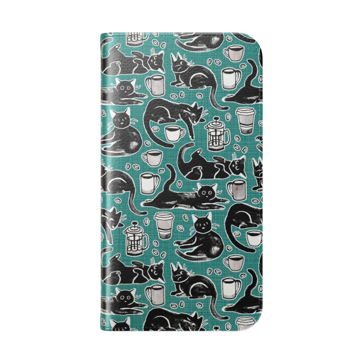 A flip phone case featuring a hand-painted black cat design in gouache with a textural background. - Folded Back