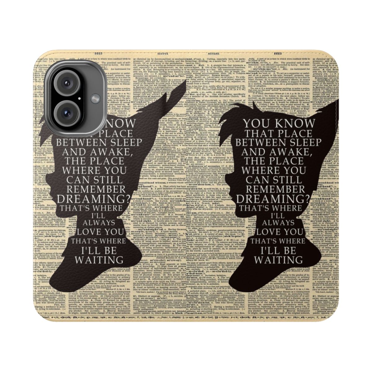 Fantasy-inspired phone case with Peter Pan and vintage dictionary page artwork