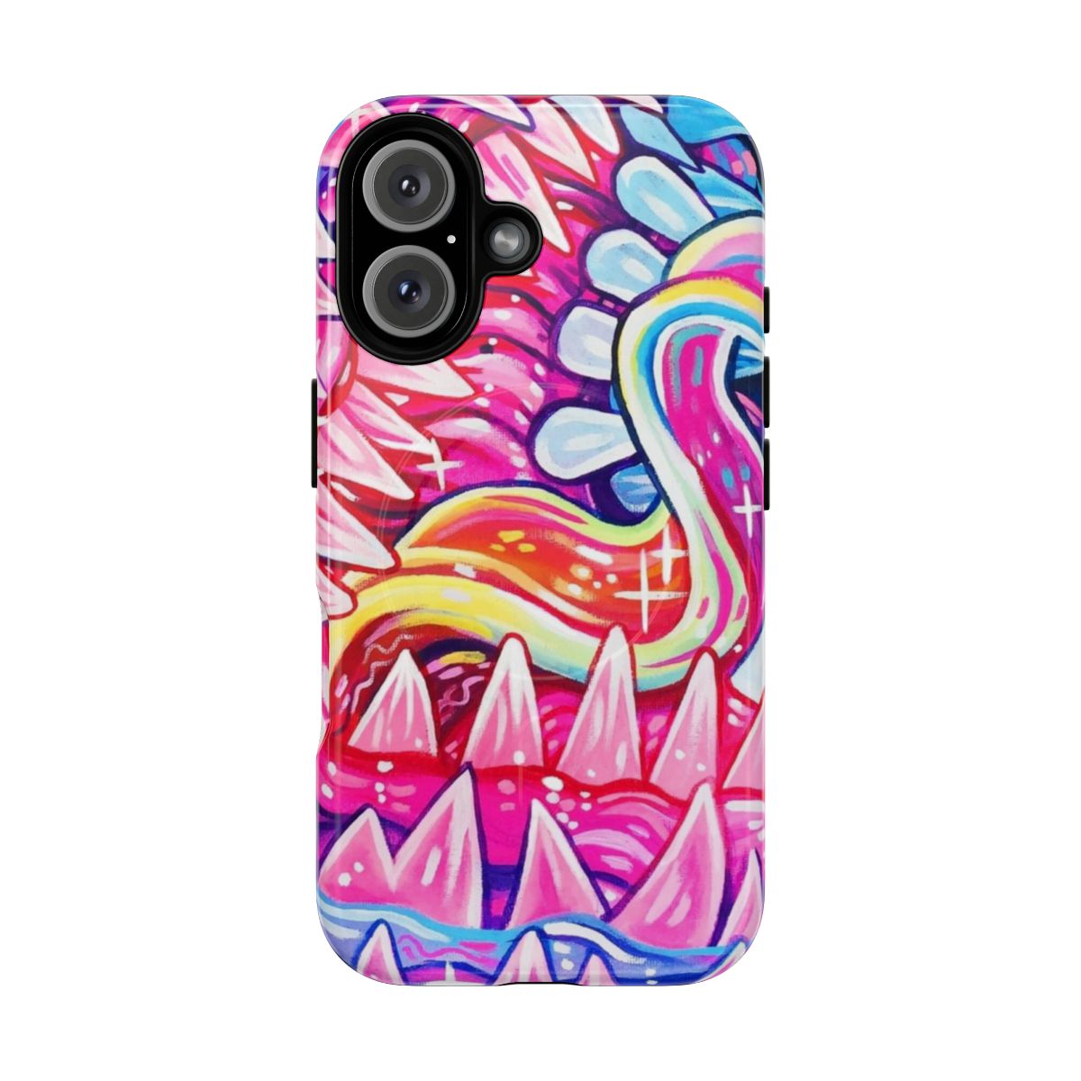 Colorful cartoon illustrations of animal mouths and teeth on a magnetic, tough phone case