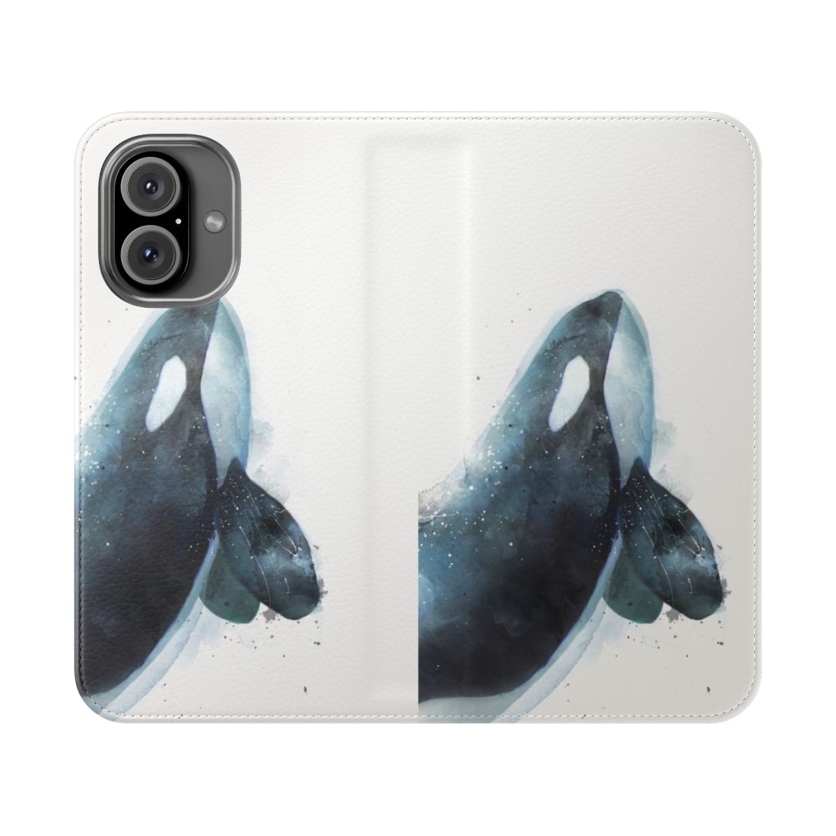 Orca-themed flip cover phone case with black, blue, and white design featuring a killer whale silhouette