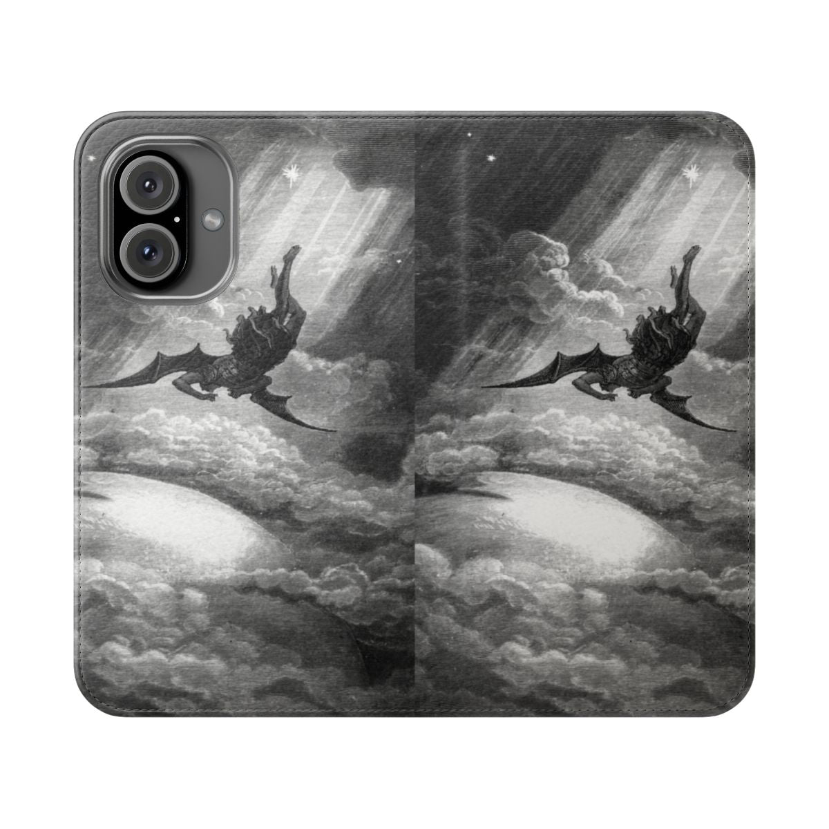 A black and white flip cover phone case featuring the artwork of Gustave Dore depicting the fallen angel Lucifer from John Milton's "Paradise Lost".