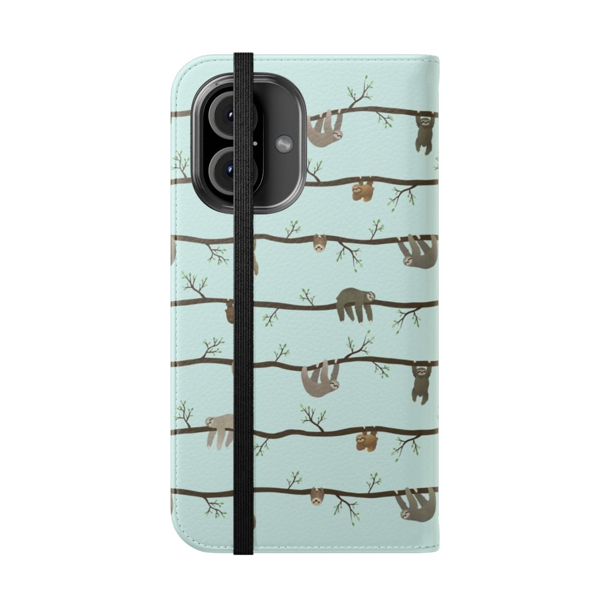 Flip cover phone case with a cute sloth print design - Folded Front