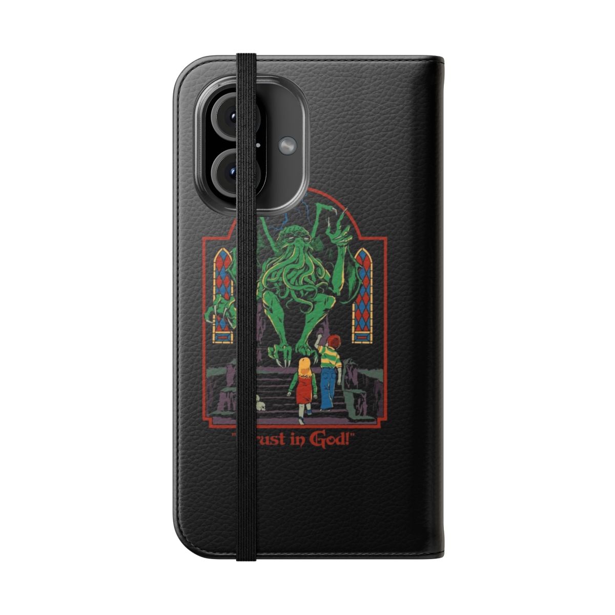 Vintage-style flip cover phone case with Lovecraft-inspired ancient one design - Folded Front