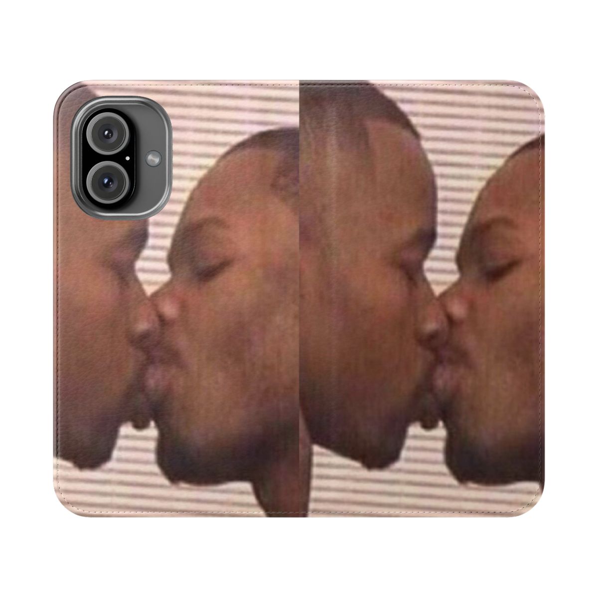 Flip phone case with artistic design of two men kissing