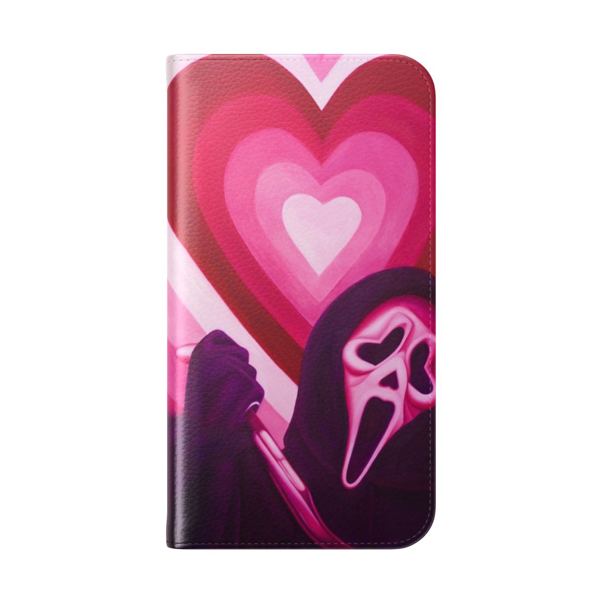 A flip cover phone case featuring a pink heart-shaped eyes design with the Ghostface character from the Scream horror movie franchise. - Folded Back