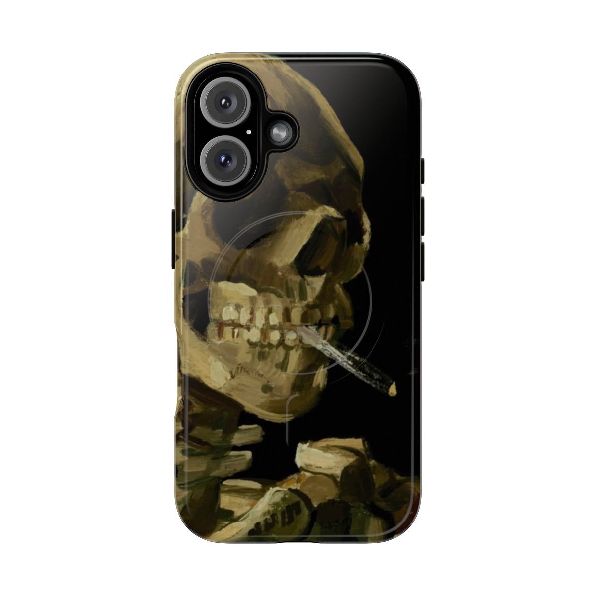 Artistic phone case featuring a skull with a burning cigarette, inspired by the iconic Van Gogh painting.