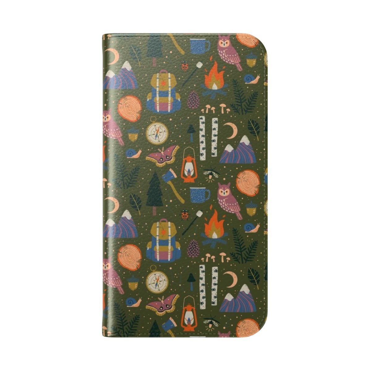 Flip cover phone case with a whimsical forest pattern featuring owls, campfires, and other nature elements. - Folded Back