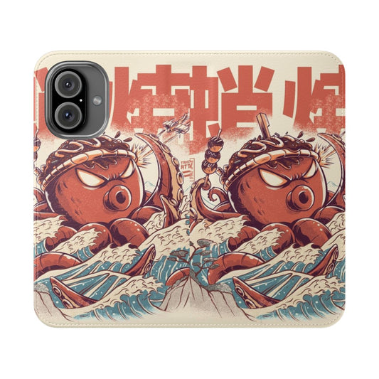 An illustrated phone case featuring an angry, retro-style takoyaki creature.