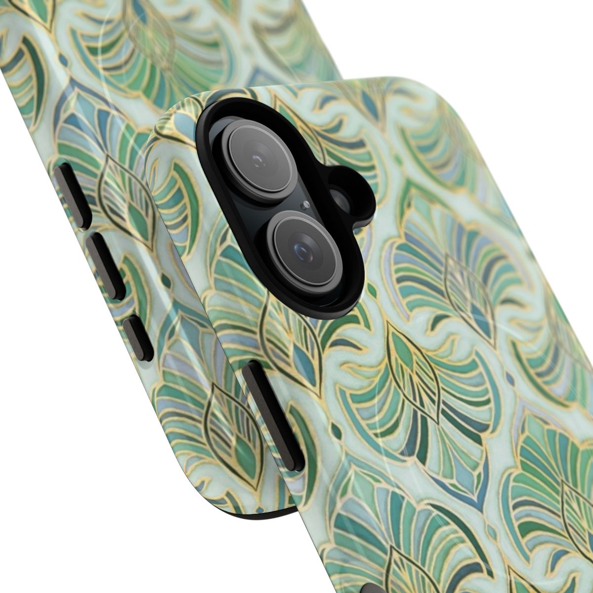 Artistic phone case featuring a vintage-inspired art deco fans design in shades of teal and mint green. - Detail