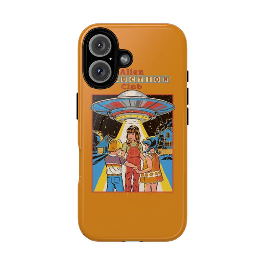 Retro-style phone case with an alien abduction design, featuring a magnetic closure for protection.