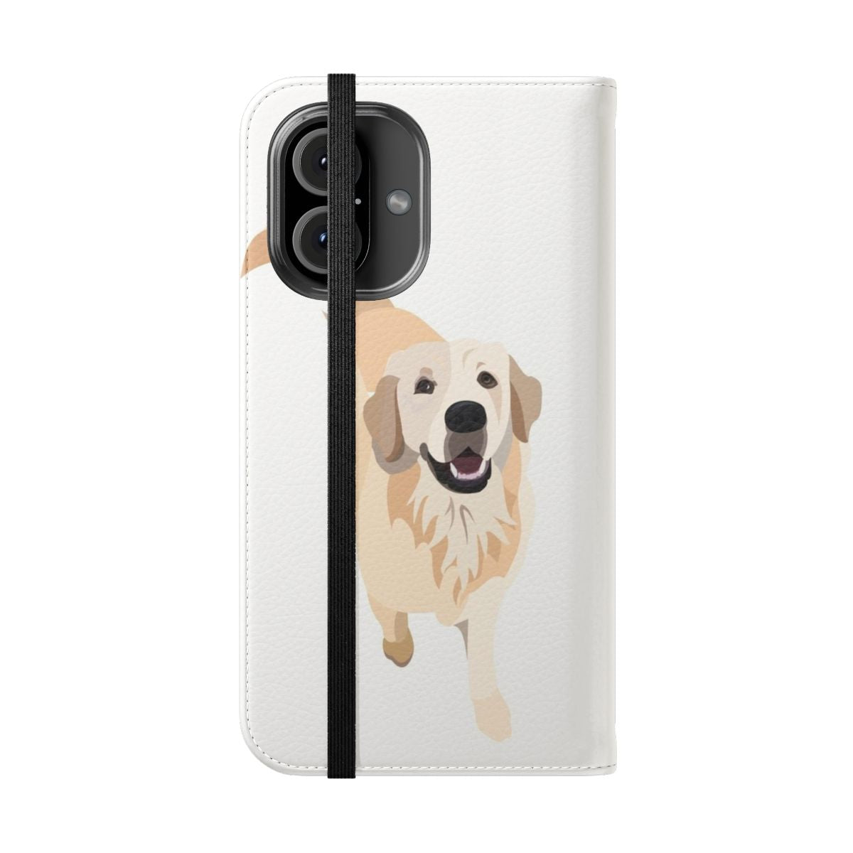 A protective phone case featuring a golden retriever design. - Folded Front