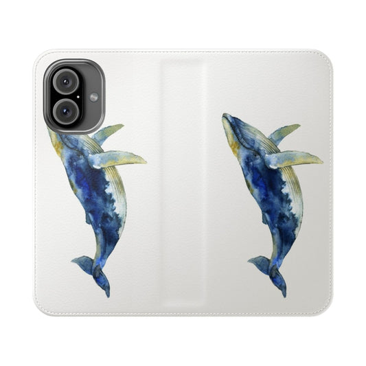 Watercolor painting of a blue whale on a flip cover phone case