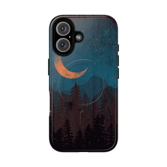 Magnetic phone case featuring a stunning night sky landscape with mountains, trees, lightning, and fireflies.