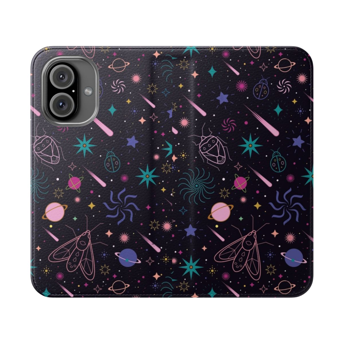 A close-up image of a decorative phone case featuring a galaxy and insect pattern design