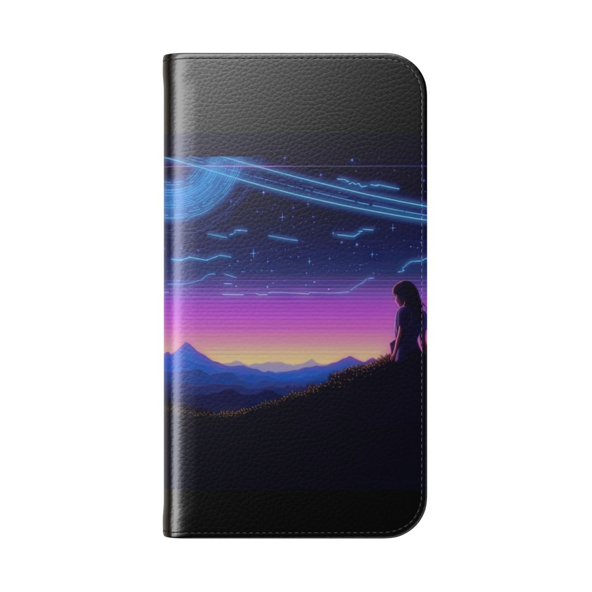 Cosmic night sky phone case with silhouetted mountains and vibrant neon glow - Folded Back