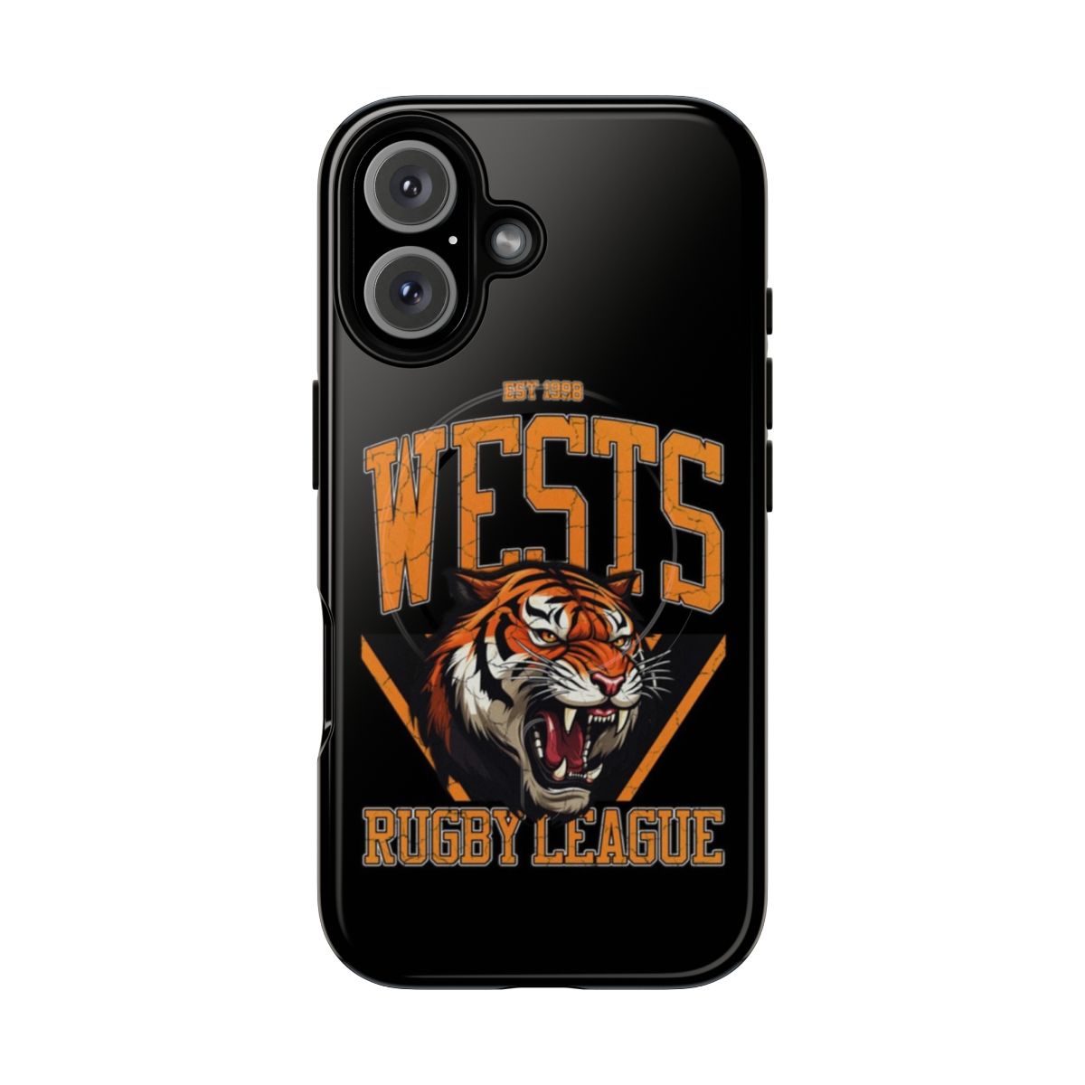 Retro-style phone case featuring the Wests Tigers rugby league team's heritage design