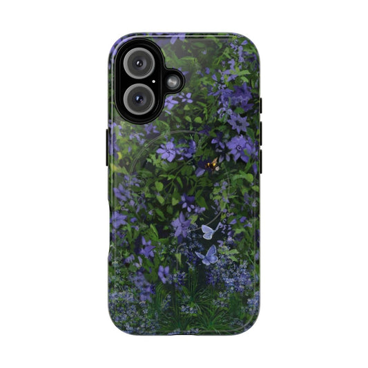 A vibrant phone case featuring a beautiful purple floral pattern with wisteria, clematis, bluebells, forget-me-nots, butterflies, and bees.