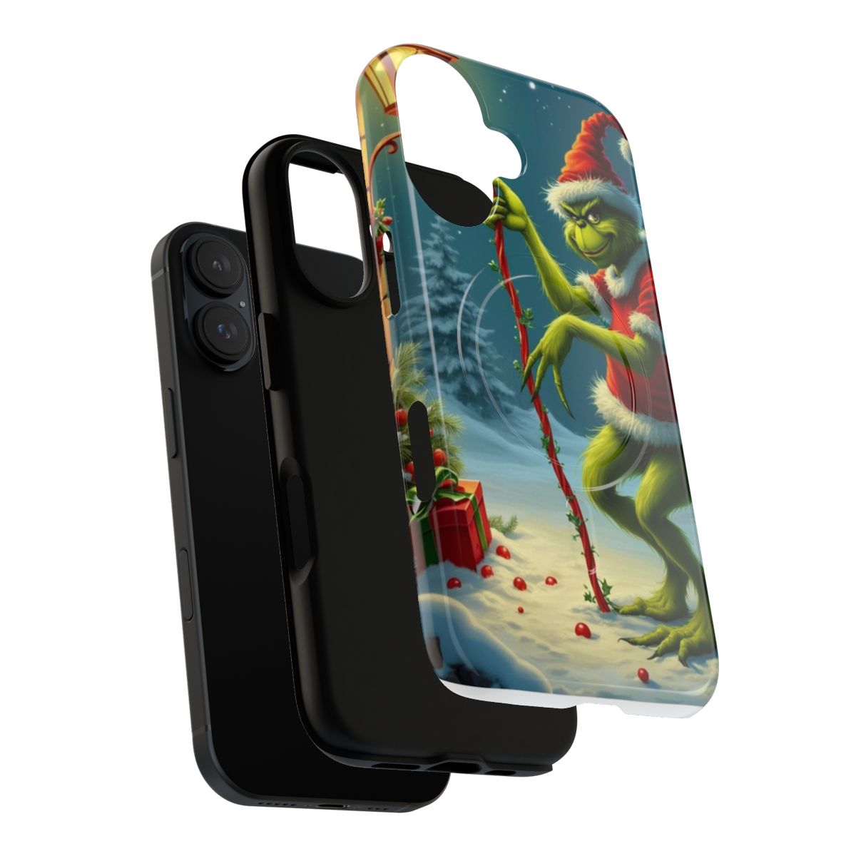 A tough, magnetic phone case featuring the Grinch for the Christmas season - Layers