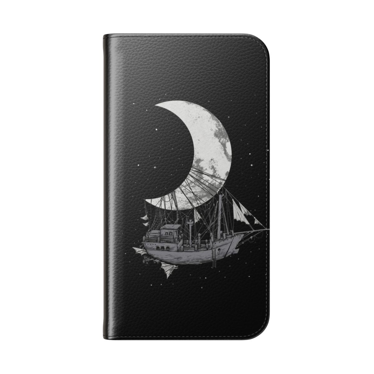 Flip cover phone case with a black and white design featuring a crescent moon and spaceship against a starry background. - Folded Back