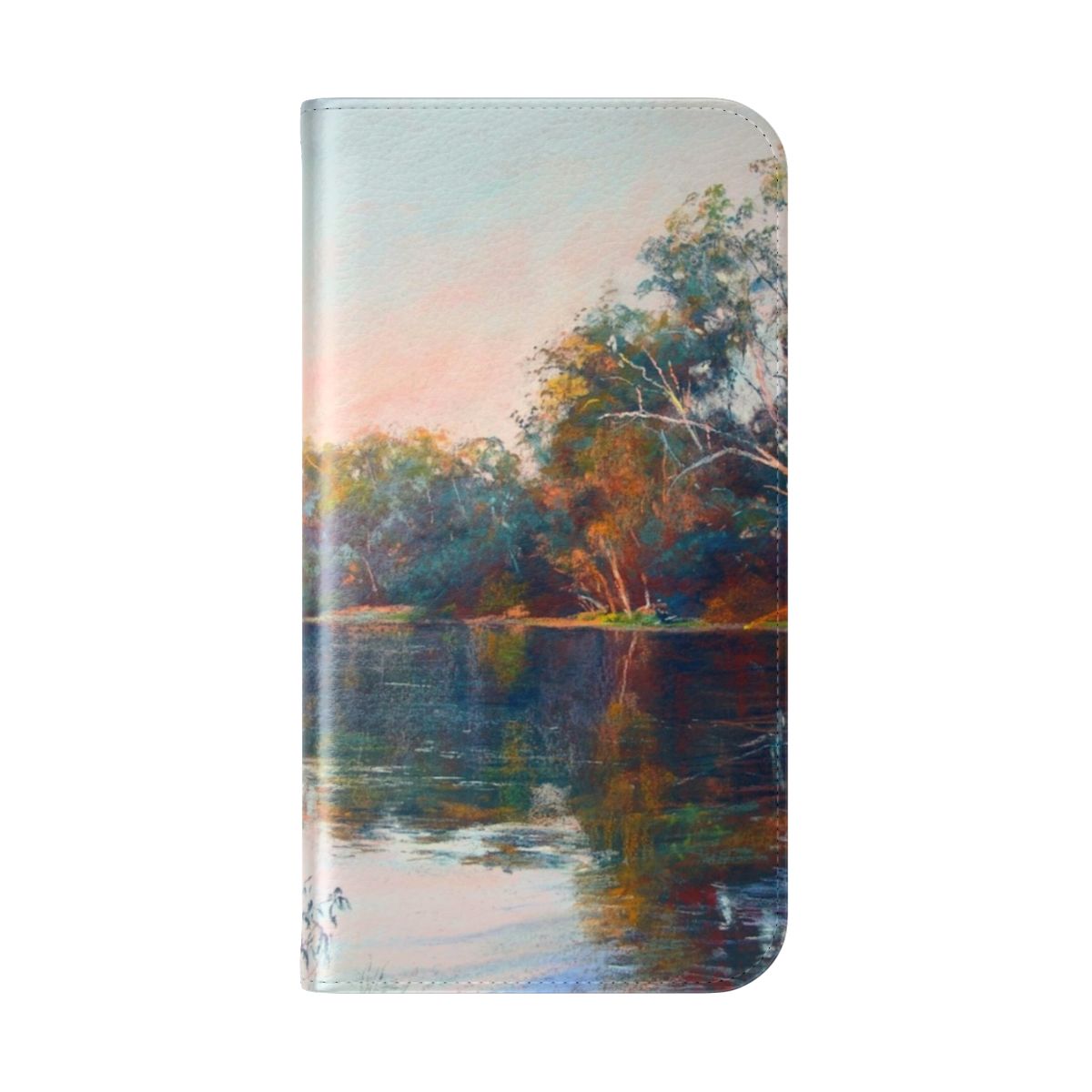 A gold flip phone case with a serene landscape design of a river, trees, and sunset. - Folded Back