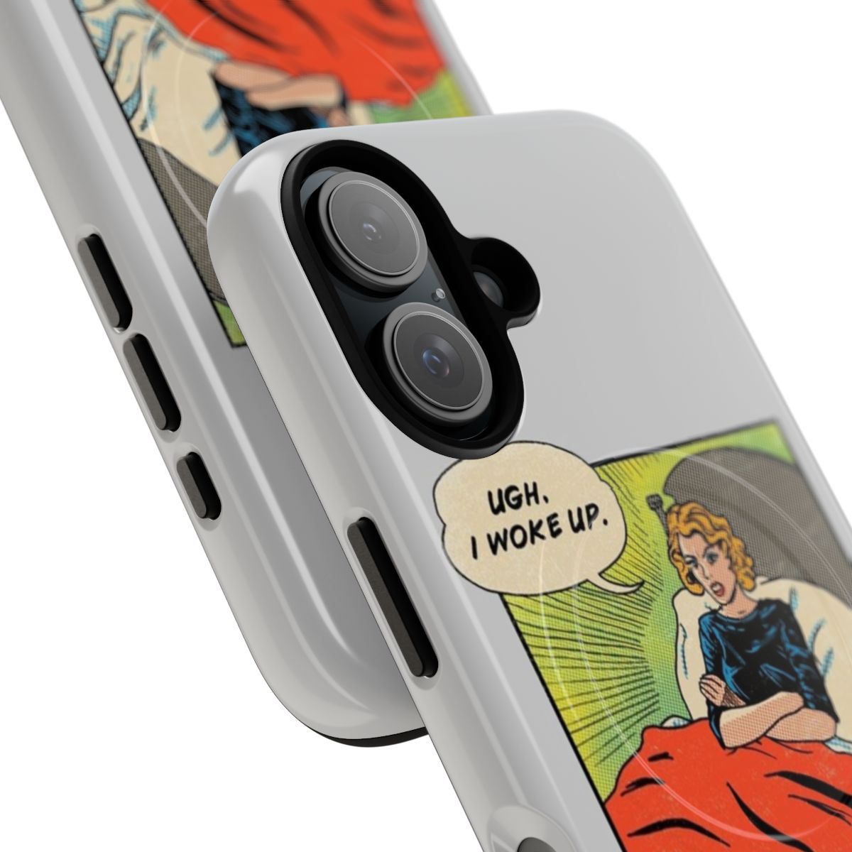 Vintage-style comic panel phone case with "Morning Struggles" design - Detail