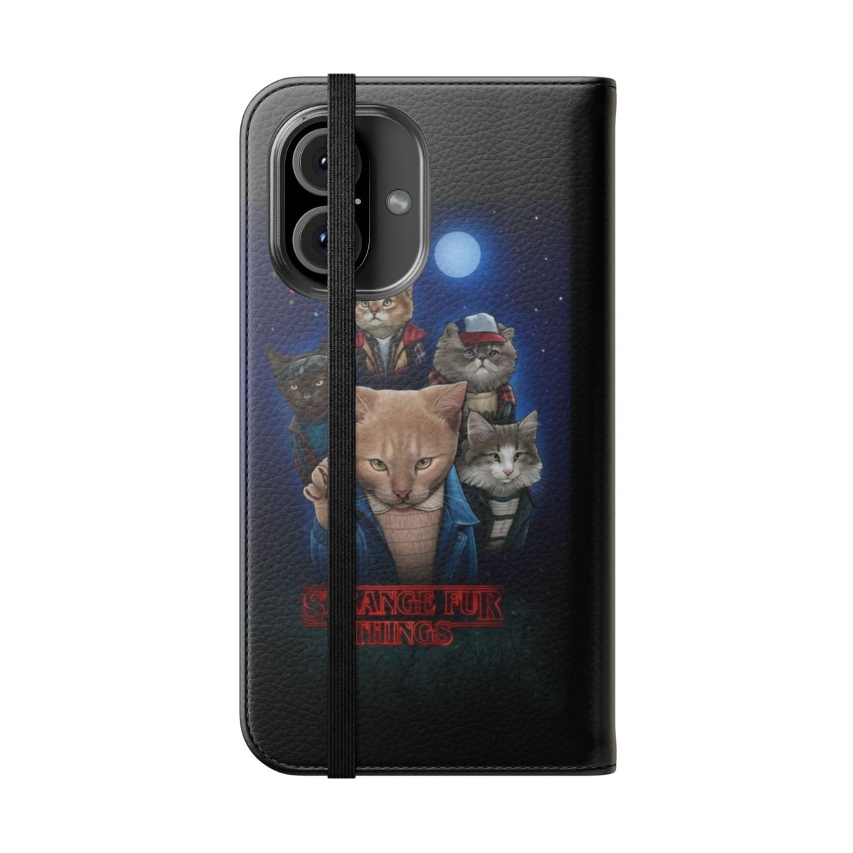 Flip cover phone case with a Stranger Things-inspired design featuring cats and kittens in an upside-down setting. - Folded Front