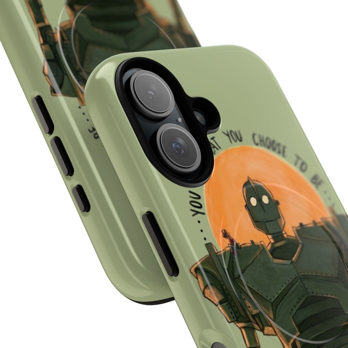 Magnetic tough phone case featuring an illustration of the Iron Giant with a movie quote - Detail