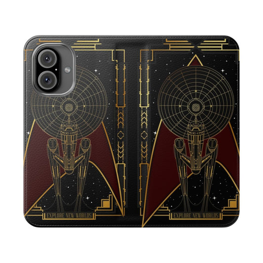 Flip phone case with a sci-fi, galaxy-inspired design