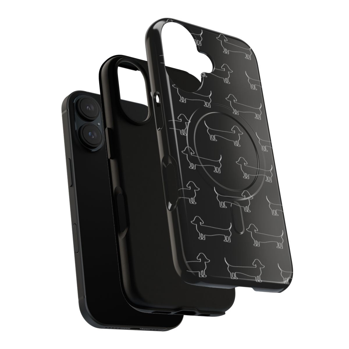 Minimalist black dachshund dog silhouette on a dark background phone case - Layers