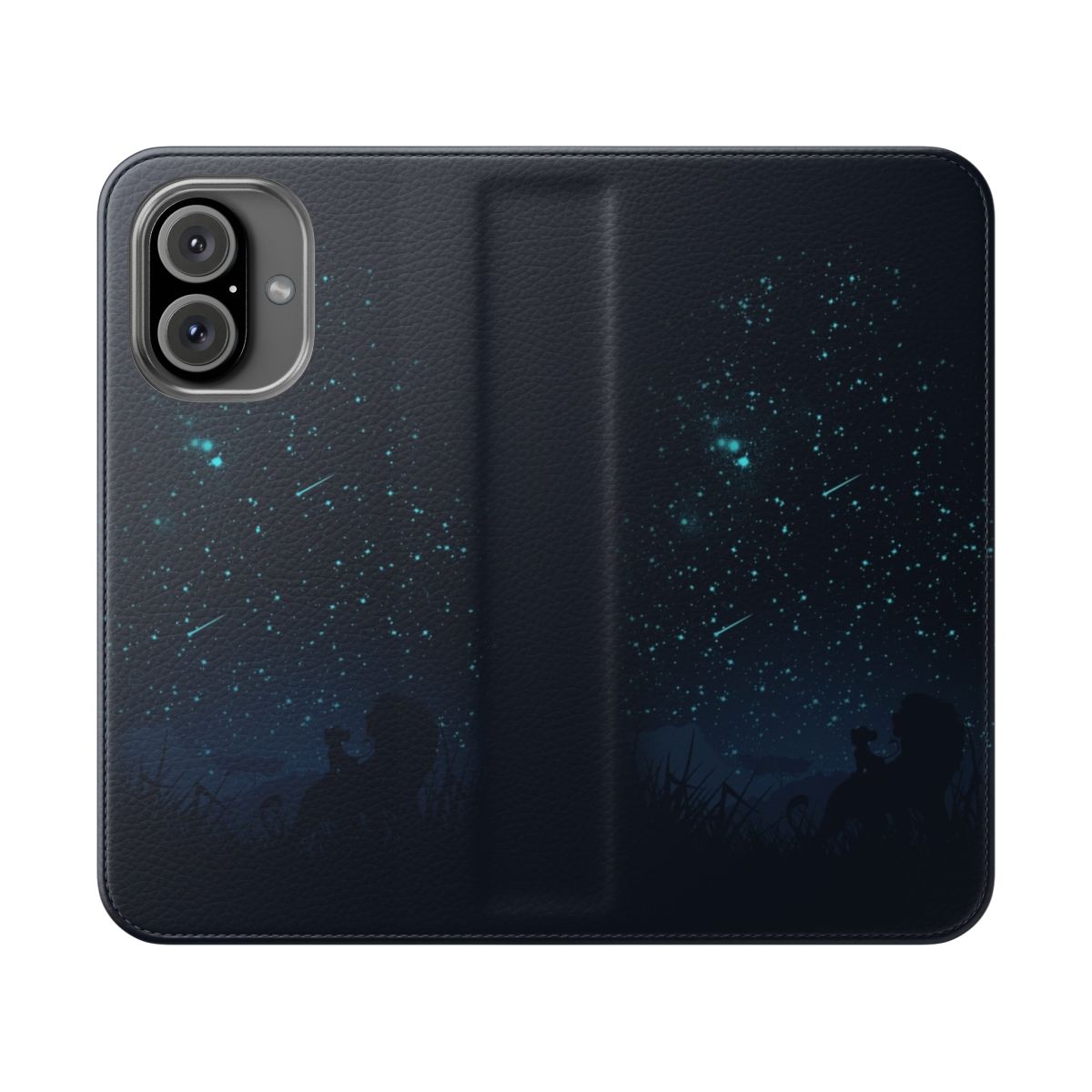 Starry night sky phone case with a cosmic galaxy design featuring lion, mufasa, and simba silhouettes.