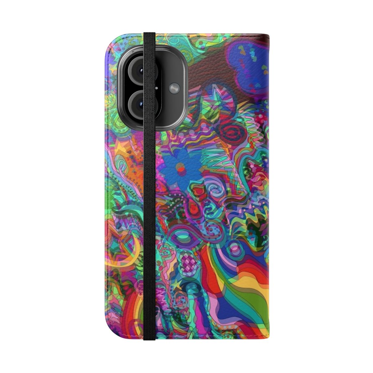 Colorful and trippy phone case with a psychedelic, kaleidoscopic design. - Folded Front