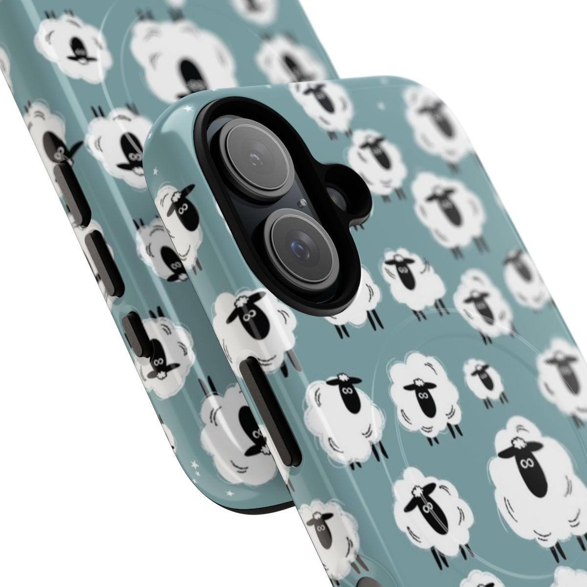 A tough, magnetic phone case featuring a blue-hued illustration of a flock of sheep. - Detail