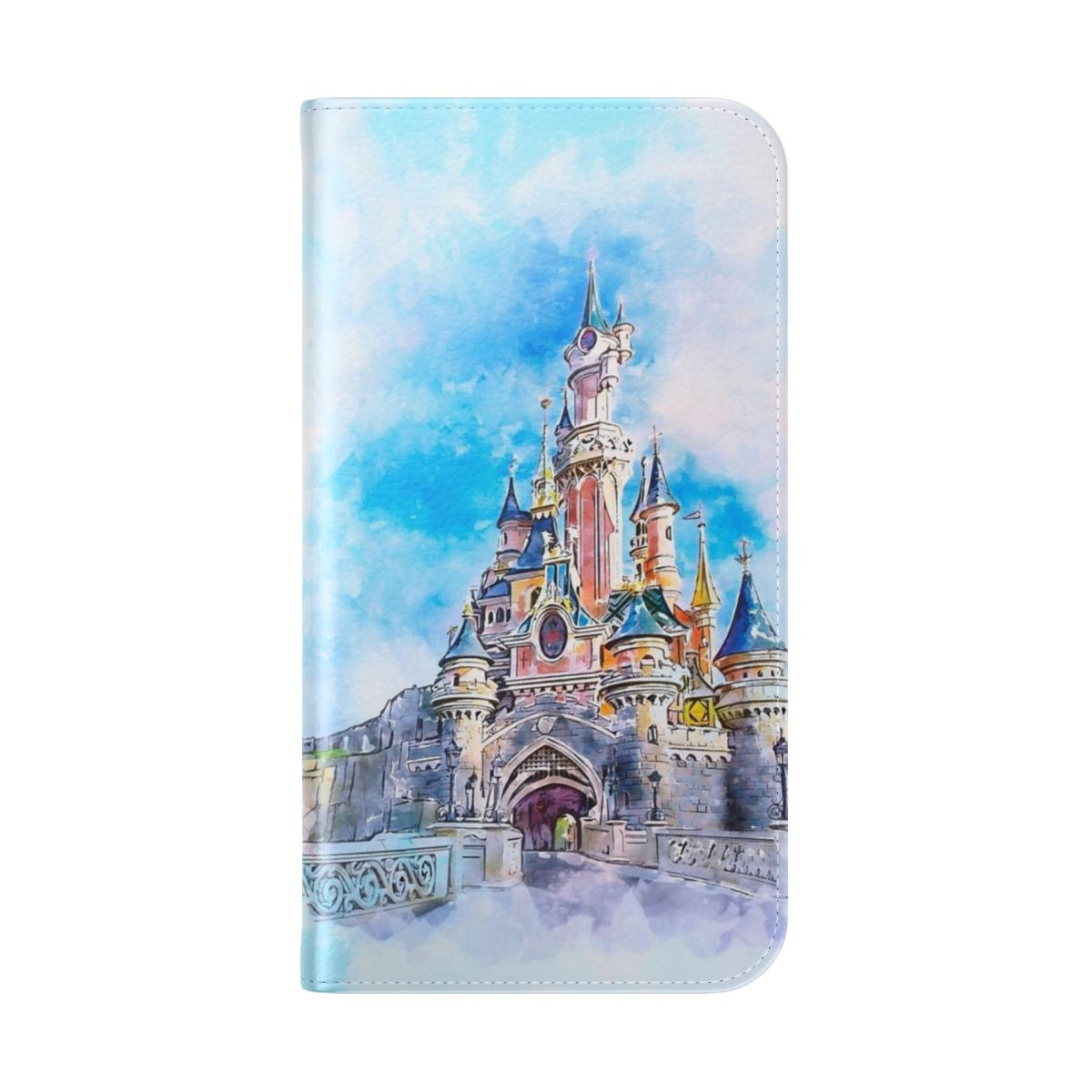 Whimsical castle-themed flip phone case with watercolor design - Folded Back