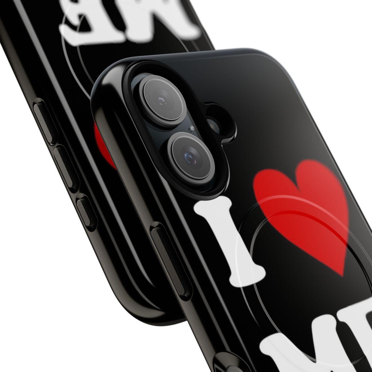 Unique heart-shaped phone case with "I Love Me" design, promoting self-love and confidence. - Detail