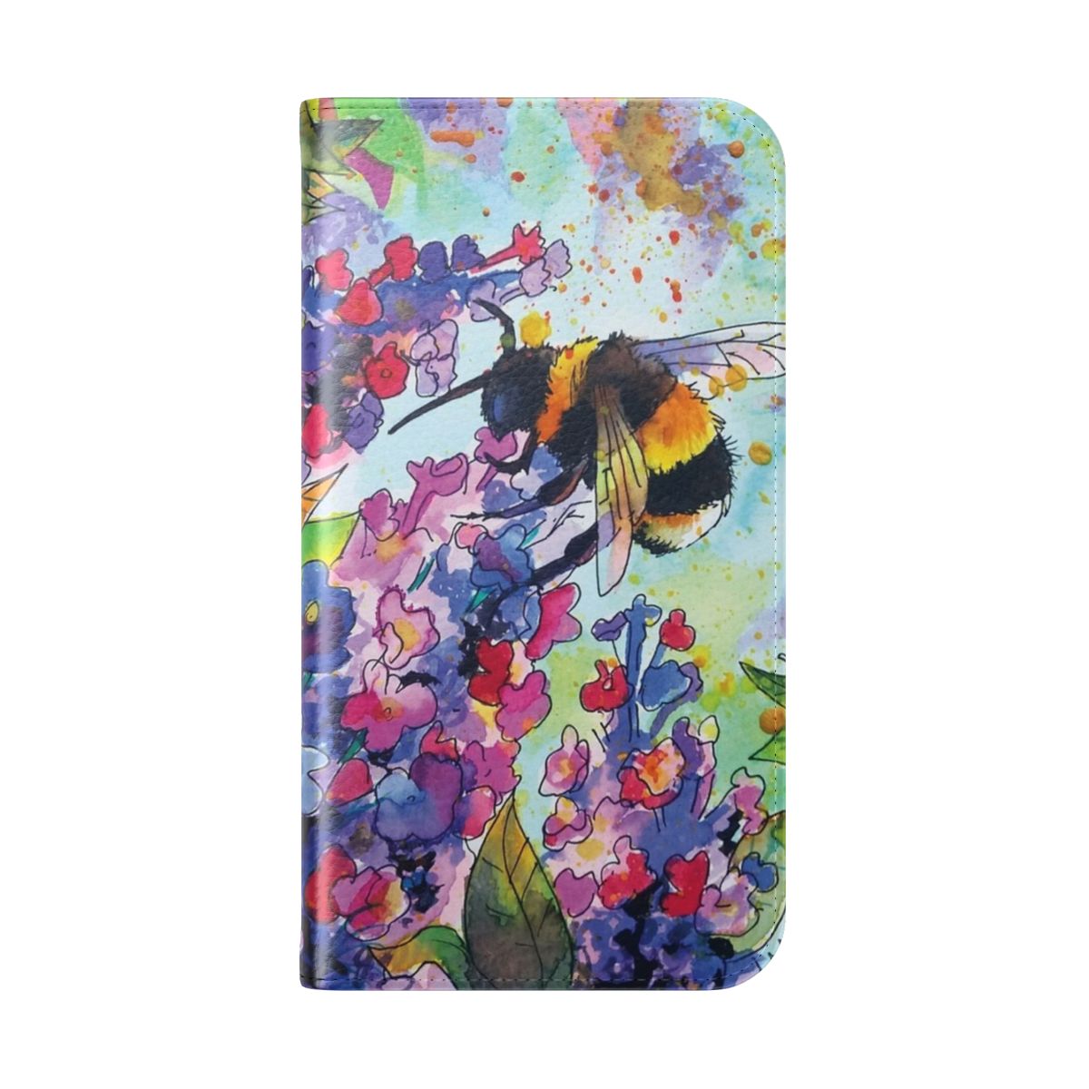 Colorful flip cover phone case featuring illustrations of bees and flowers - Folded Back