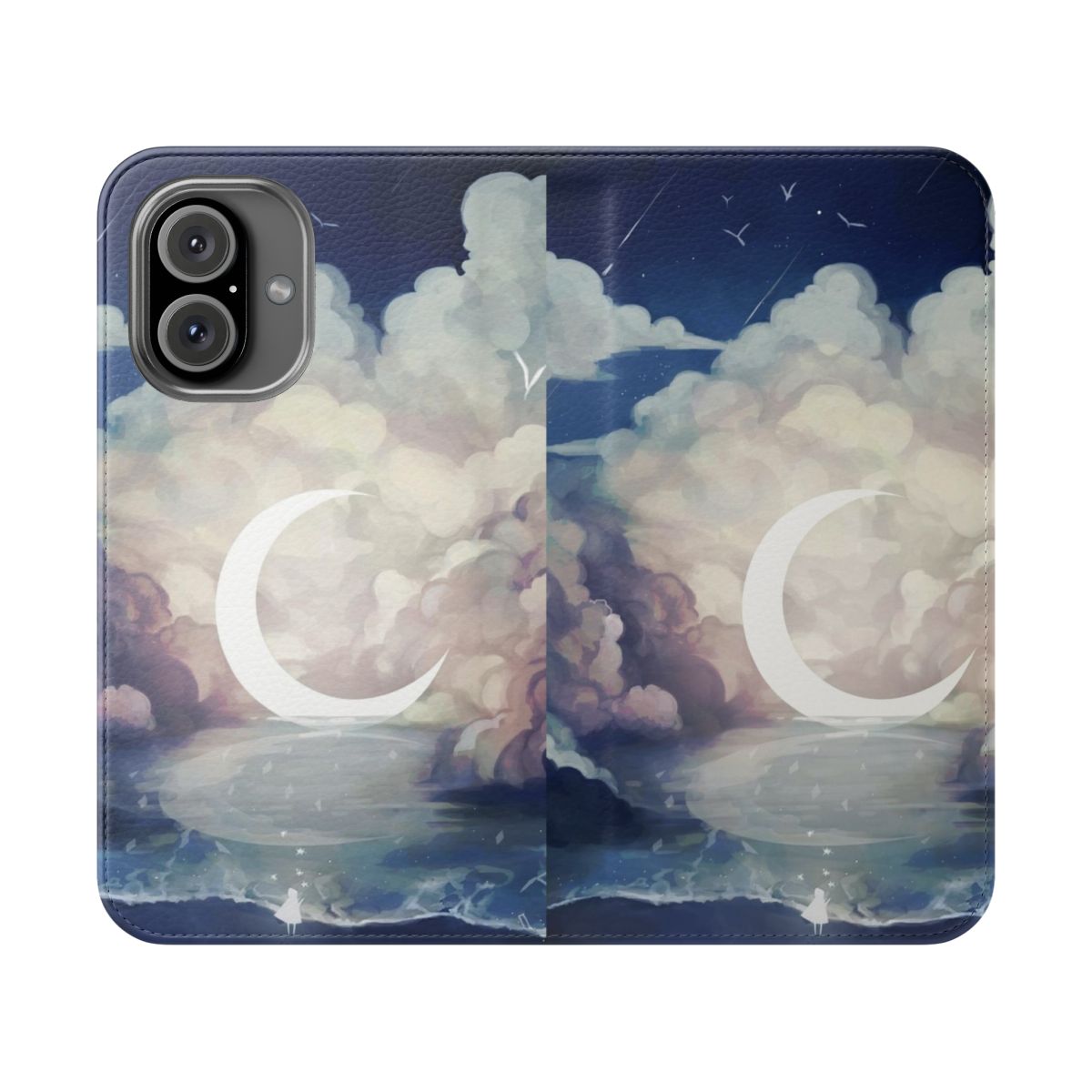 "Flip cover phone case with a night sky and moon landscape design"