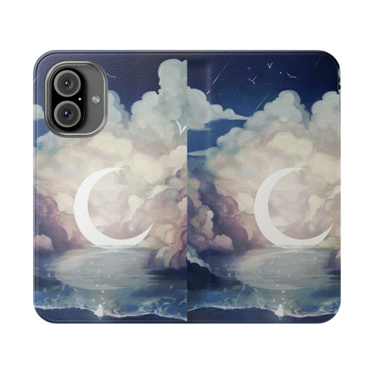 "Flip cover phone case with a night sky and moon landscape design"